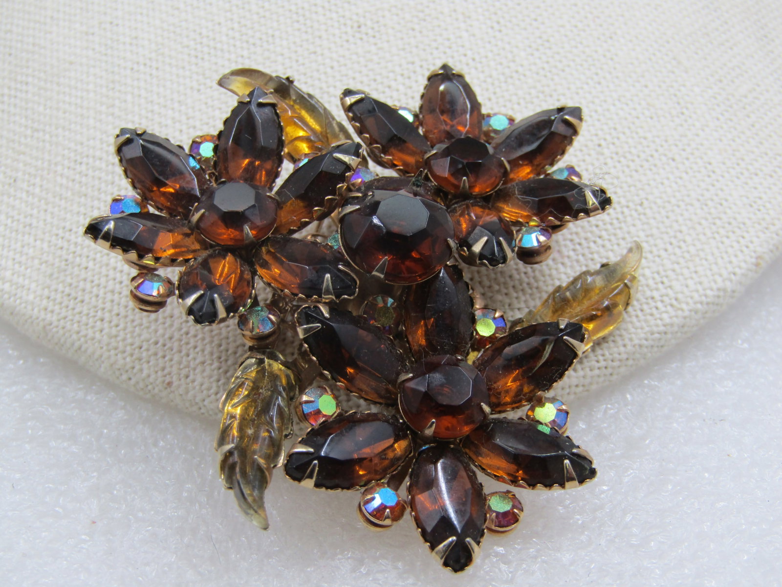 Vintage Brown Rhinestone Triple Blossom Brooch, Mid-Century, 2.5" - 4