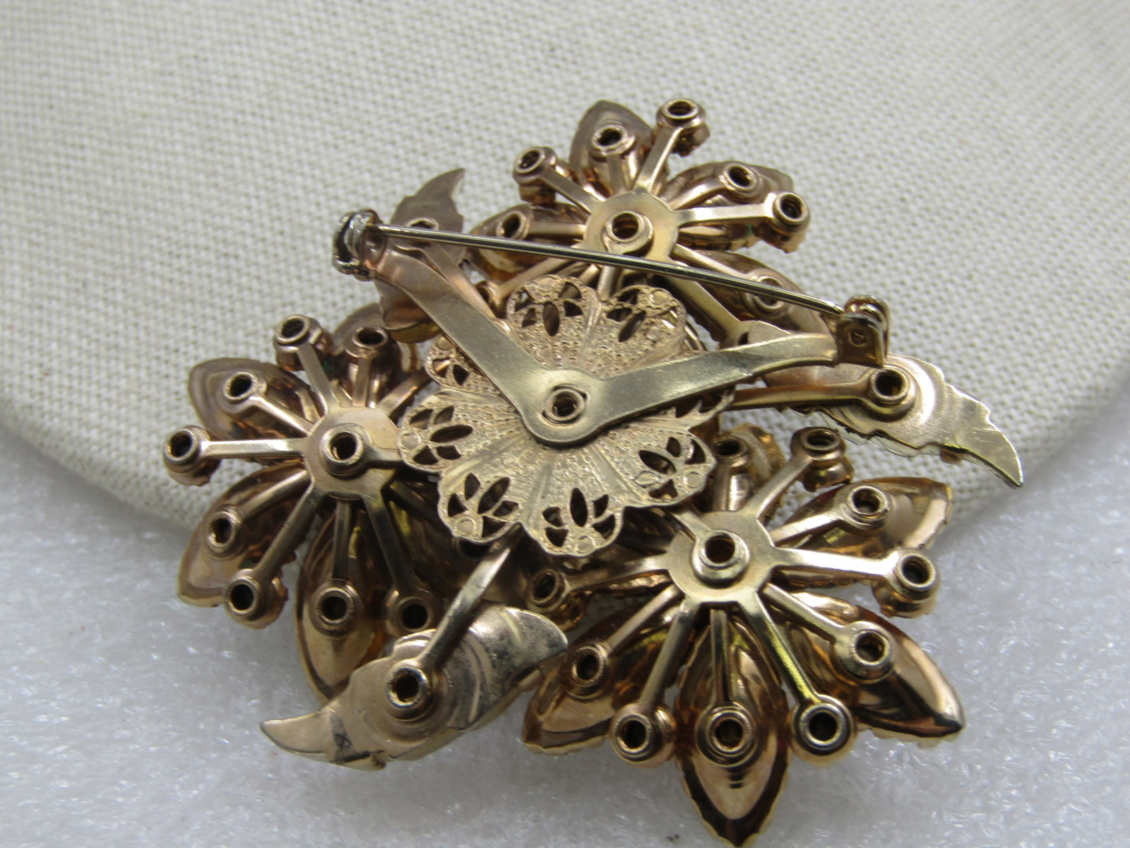 Vintage Brown Rhinestone Triple Blossom Brooch, Mid-Century, 2.5" - 5