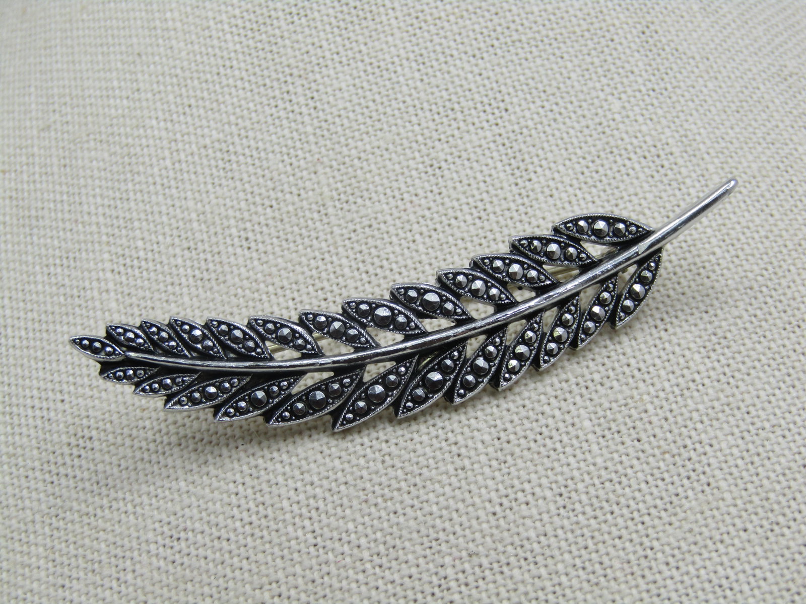 Vintage W. Germany Aluminum Faux Marcasite Leaf Brooch, 3" - 3