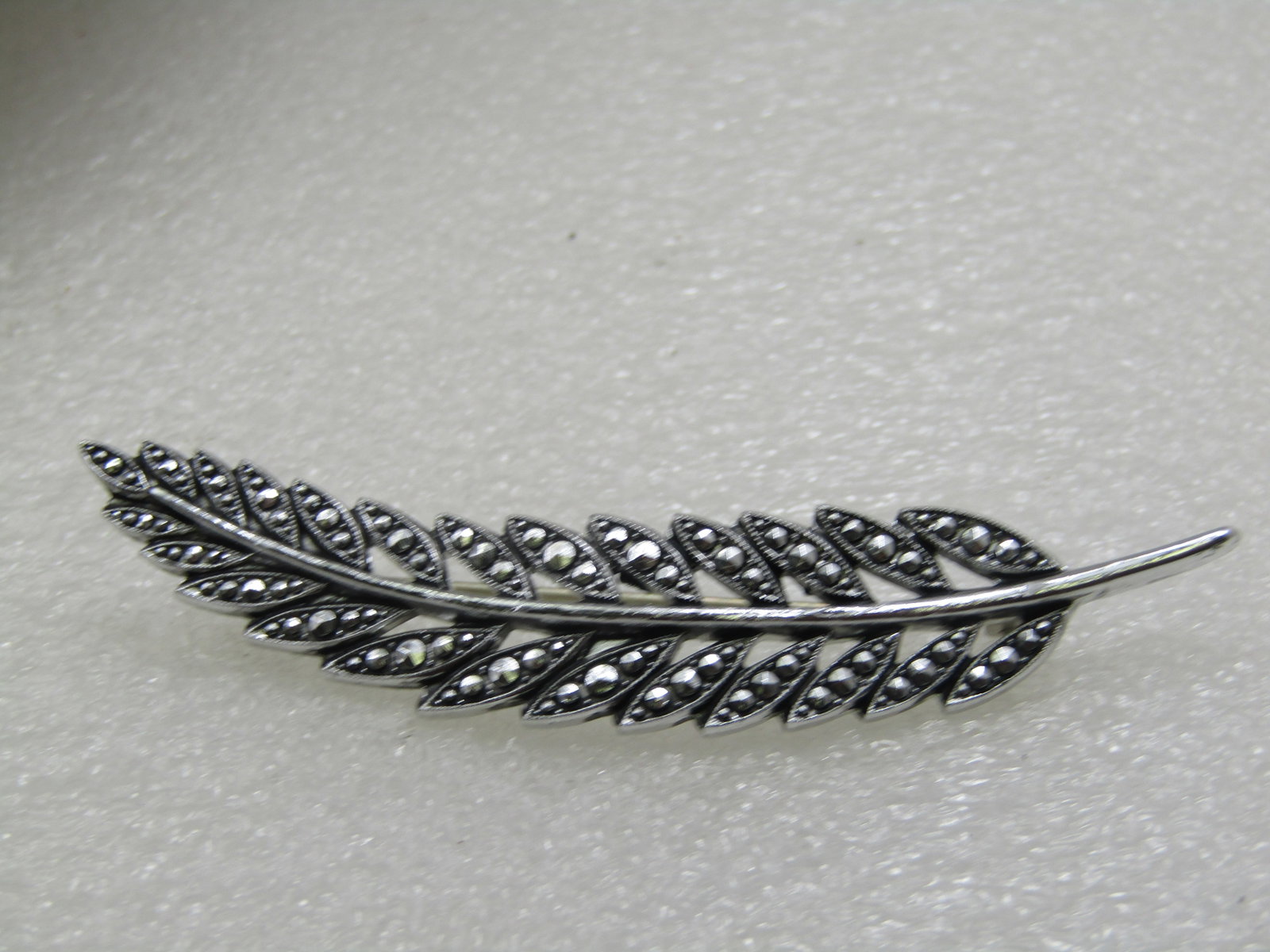 Vintage W. Germany Aluminum Faux Marcasite Leaf Brooch, 3" - 5