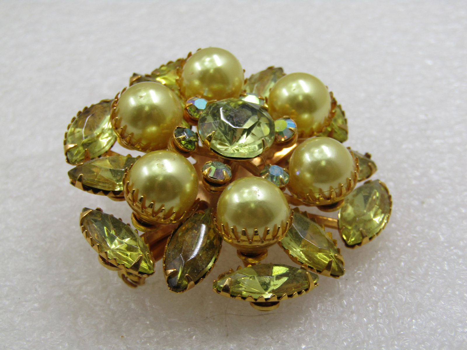 Vintage Yellow and Green Faux Pearl and Rhinestone Statement Brooch - 4