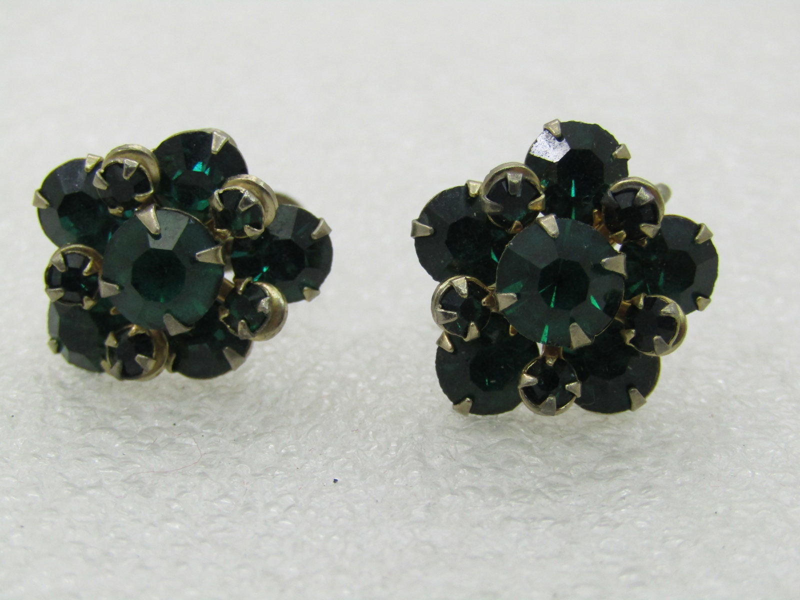 Vintage Green Rhinestone Blossom Earrings, Screw Back, 1950;s-1960's (1 of 5)