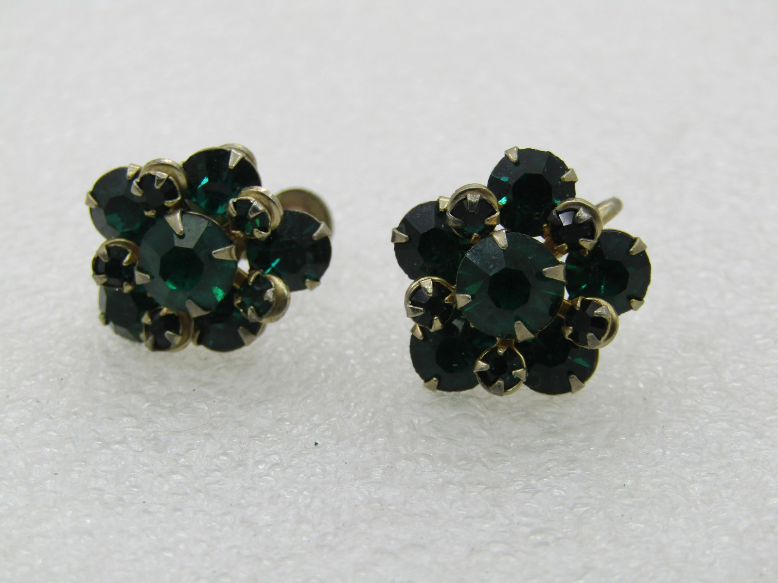 Vintage Green Rhinestone Blossom Earrings, Screw Back, 1950;s-1960's - 2
