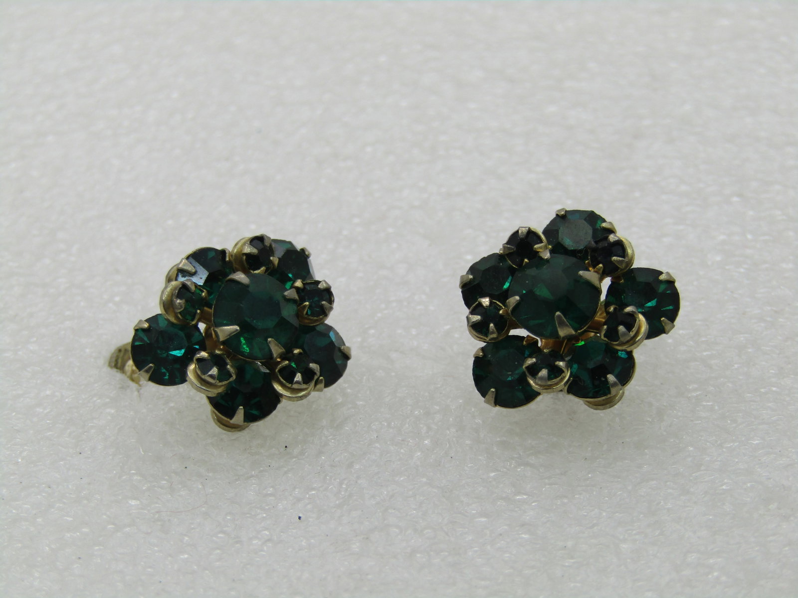 Vintage Green Rhinestone Blossom Earrings, Screw Back, 1950;s-1960's - 3