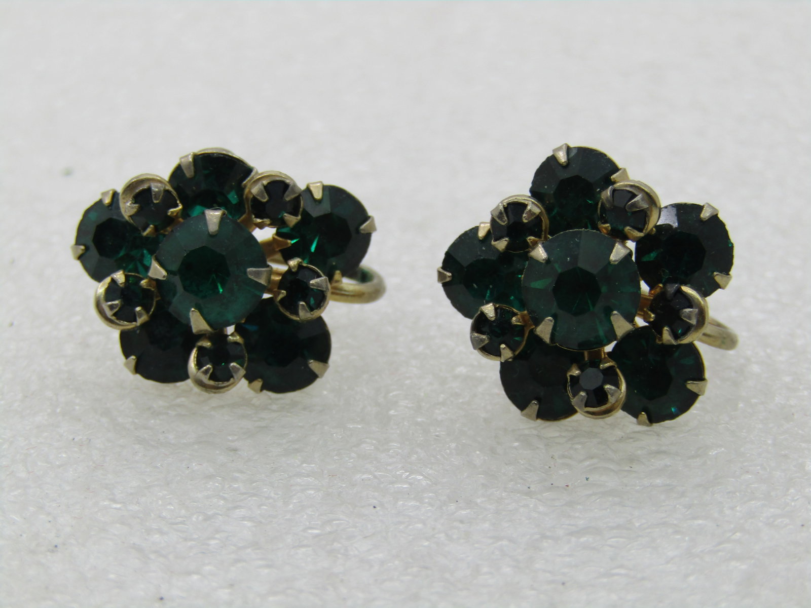 Vintage Green Rhinestone Blossom Earrings, Screw Back, 1950;s-1960's - 4