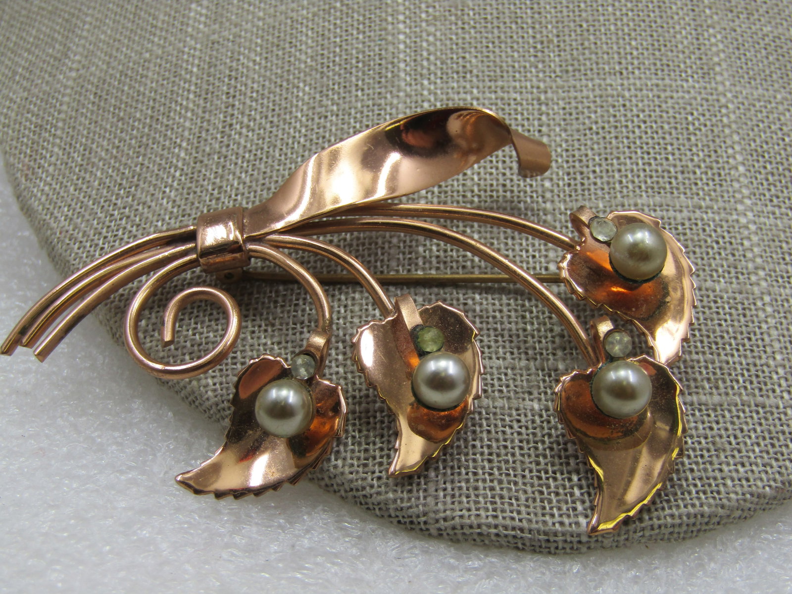 Vintage 1940's Rose Tone Floral Brooch, Pearl and Rhinestone Accents, 3" - 3