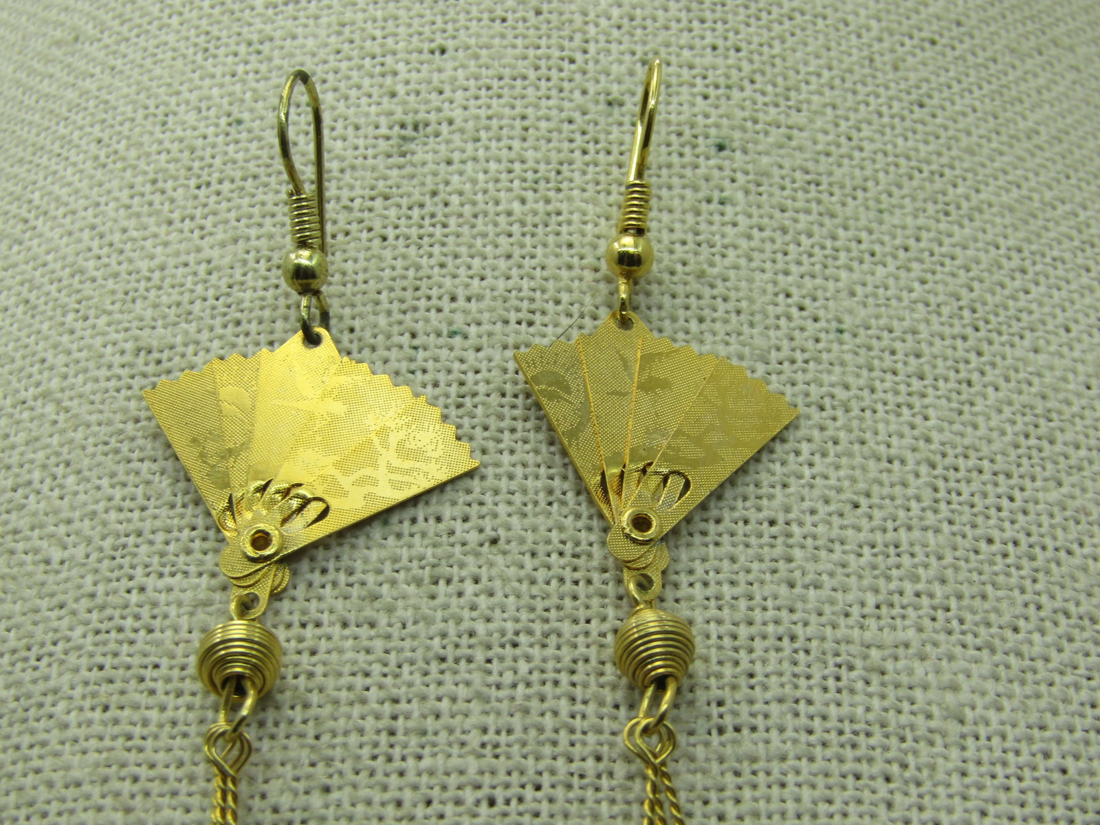 Vintage Folding Japanese Fan Earrings, Pierced, Gold Tone, Tassels, 2.25" - 2