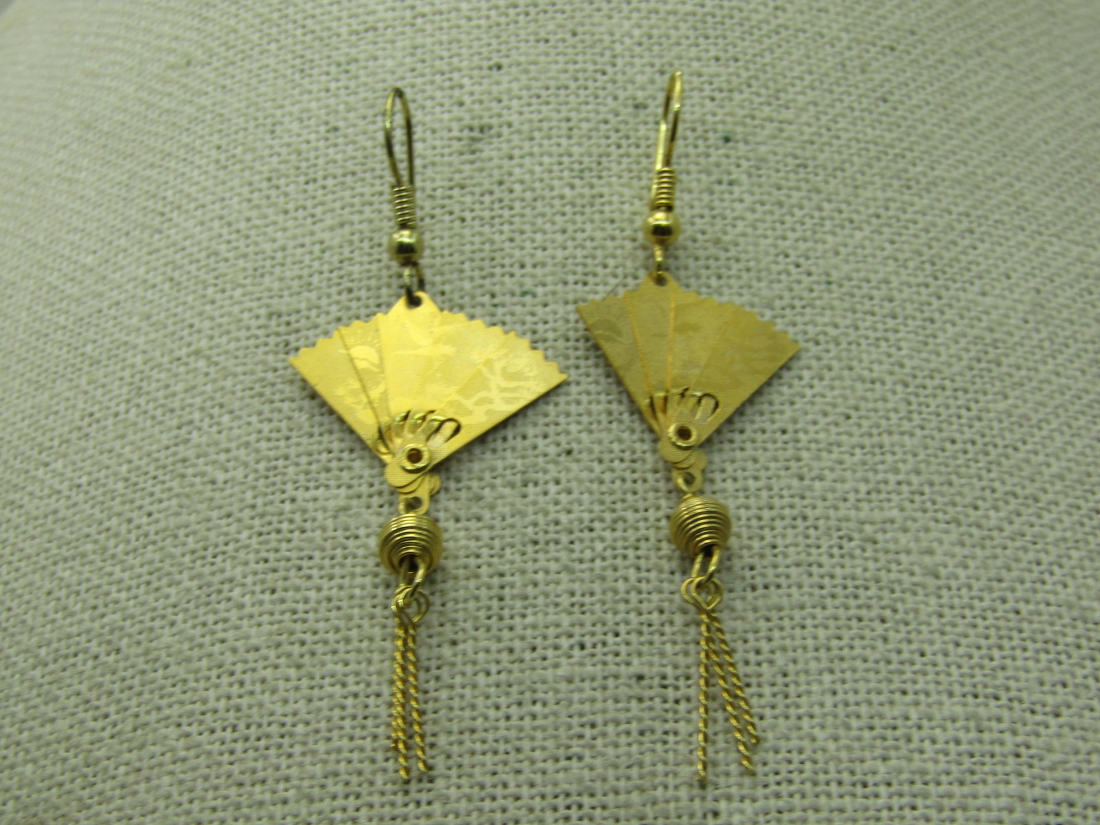 Vintage Folding Japanese Fan Earrings, Pierced, Gold Tone, Tassels, 2.25" - 3