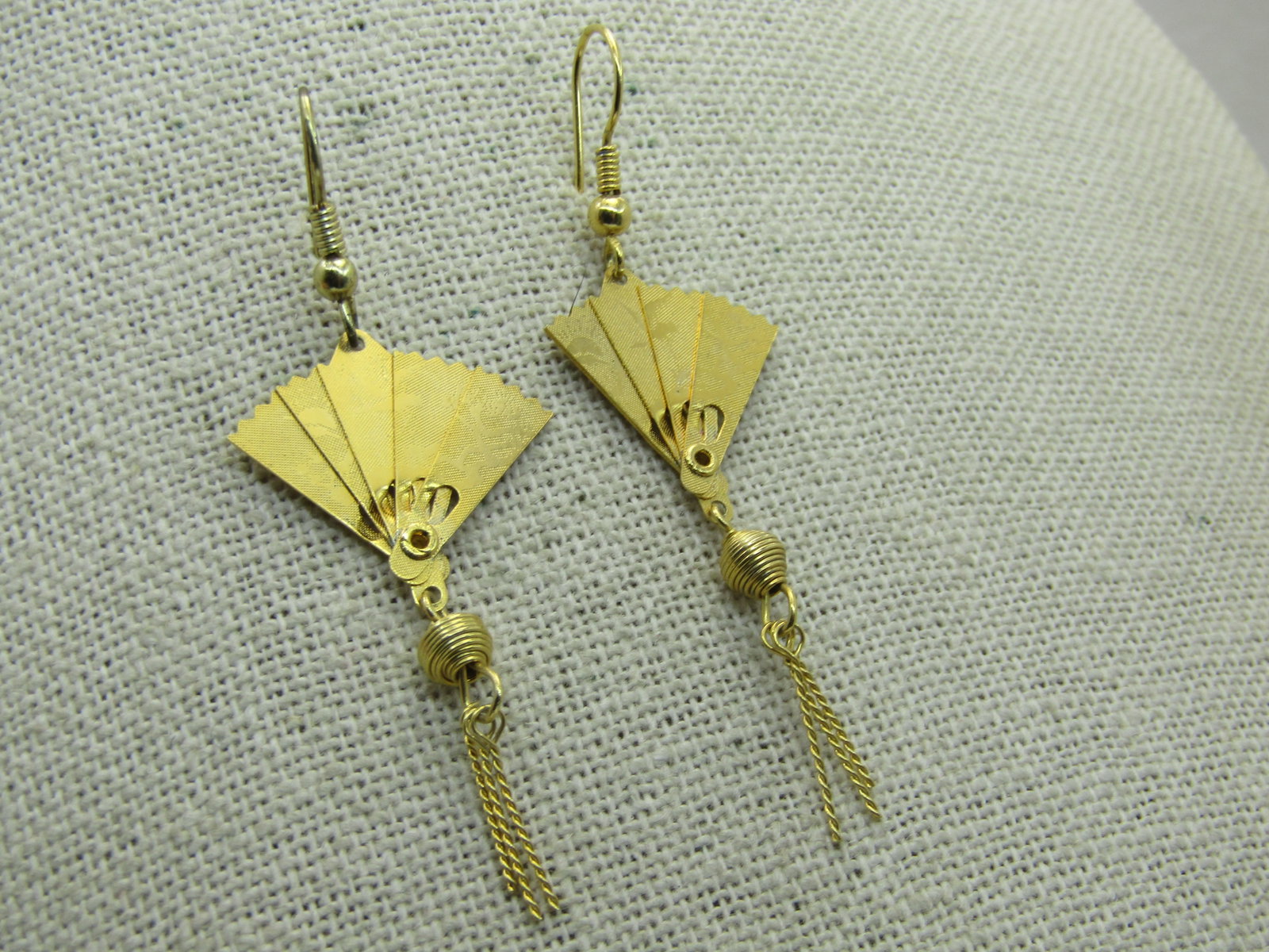 Vintage Folding Japanese Fan Earrings, Pierced, Gold Tone, Tassels, 2.25" - 4