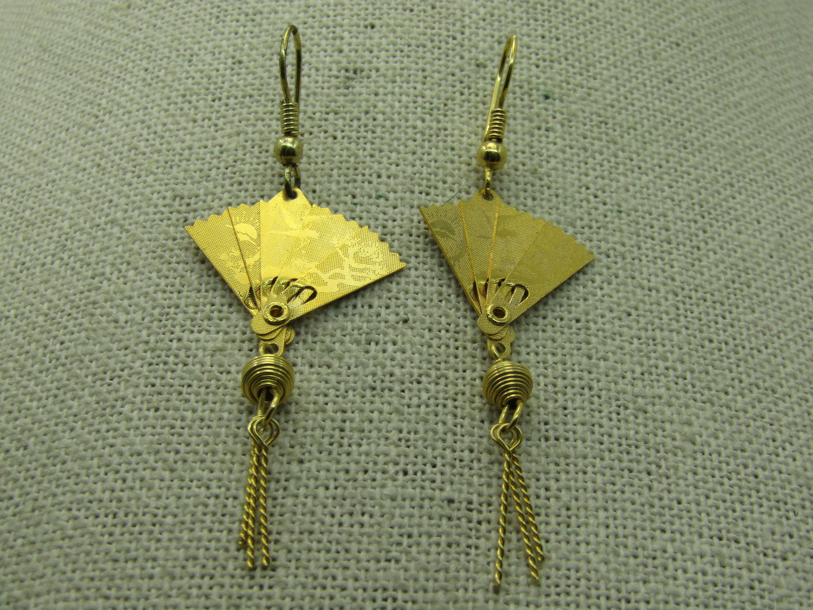 Vintage Folding Japanese Fan Earrings, Pierced, Gold Tone, Tassels, 2.25" - 5