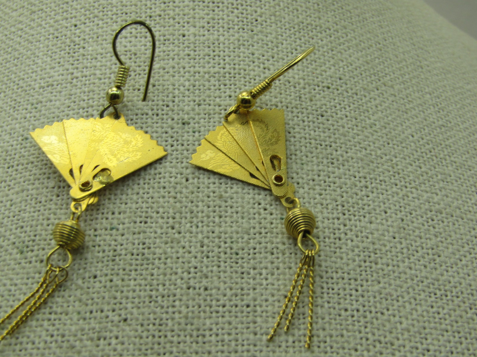 Vintage Folding Japanese Fan Earrings, Pierced, Gold Tone, Tassels, 2.25" - 6