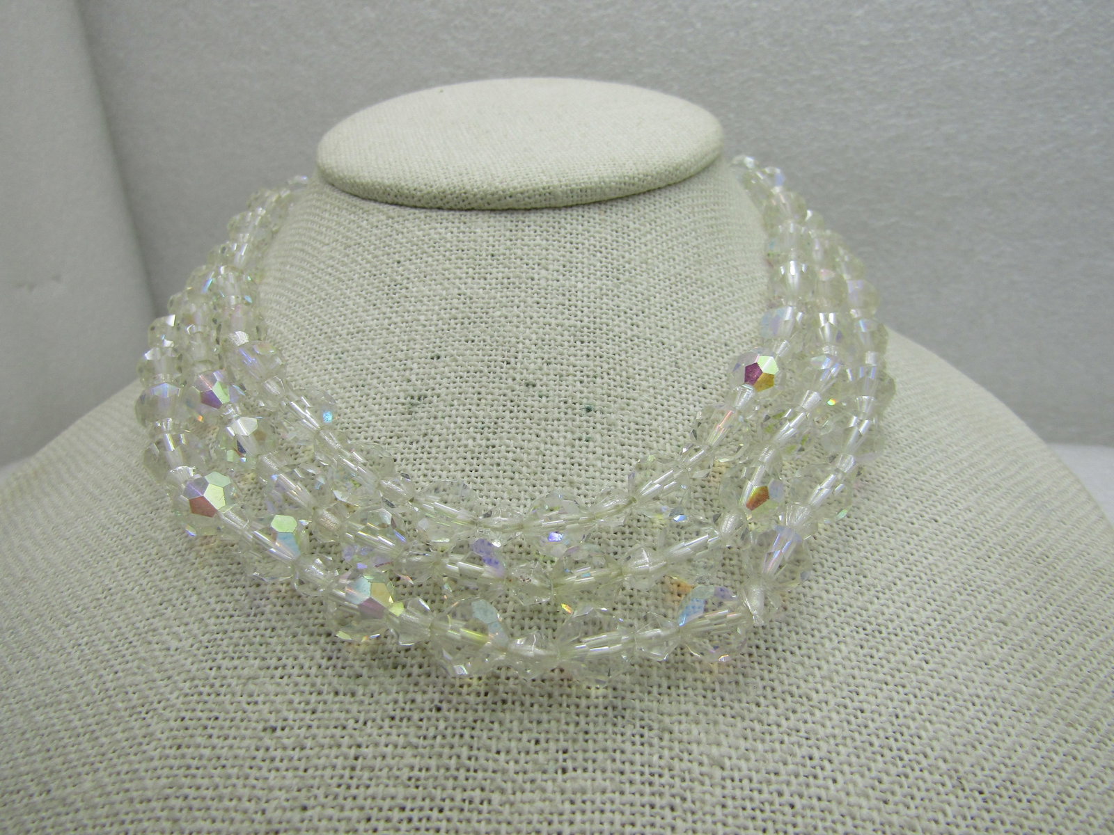 Vintage Triple Strand Aurora Borealis Beaded Necklace, Round Crystal, 16" - 2