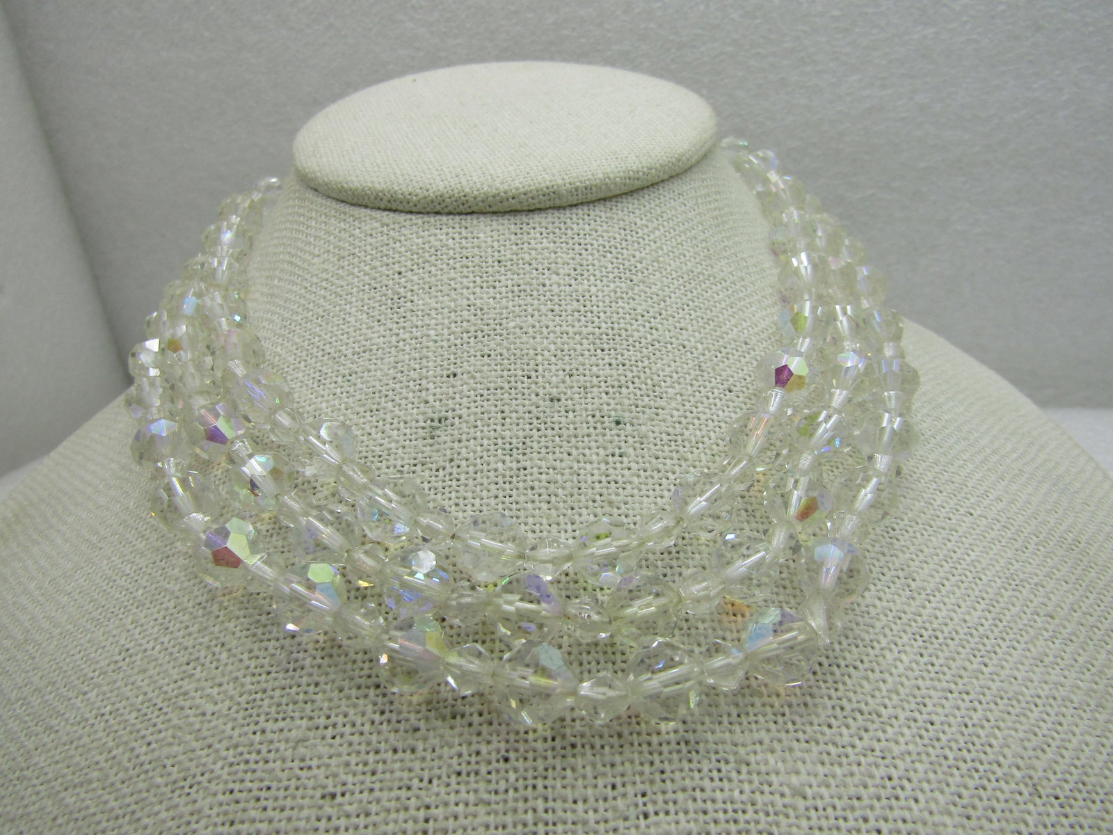 Vintage Triple Strand Aurora Borealis Beaded Necklace, Round Crystal, 16" - 3
