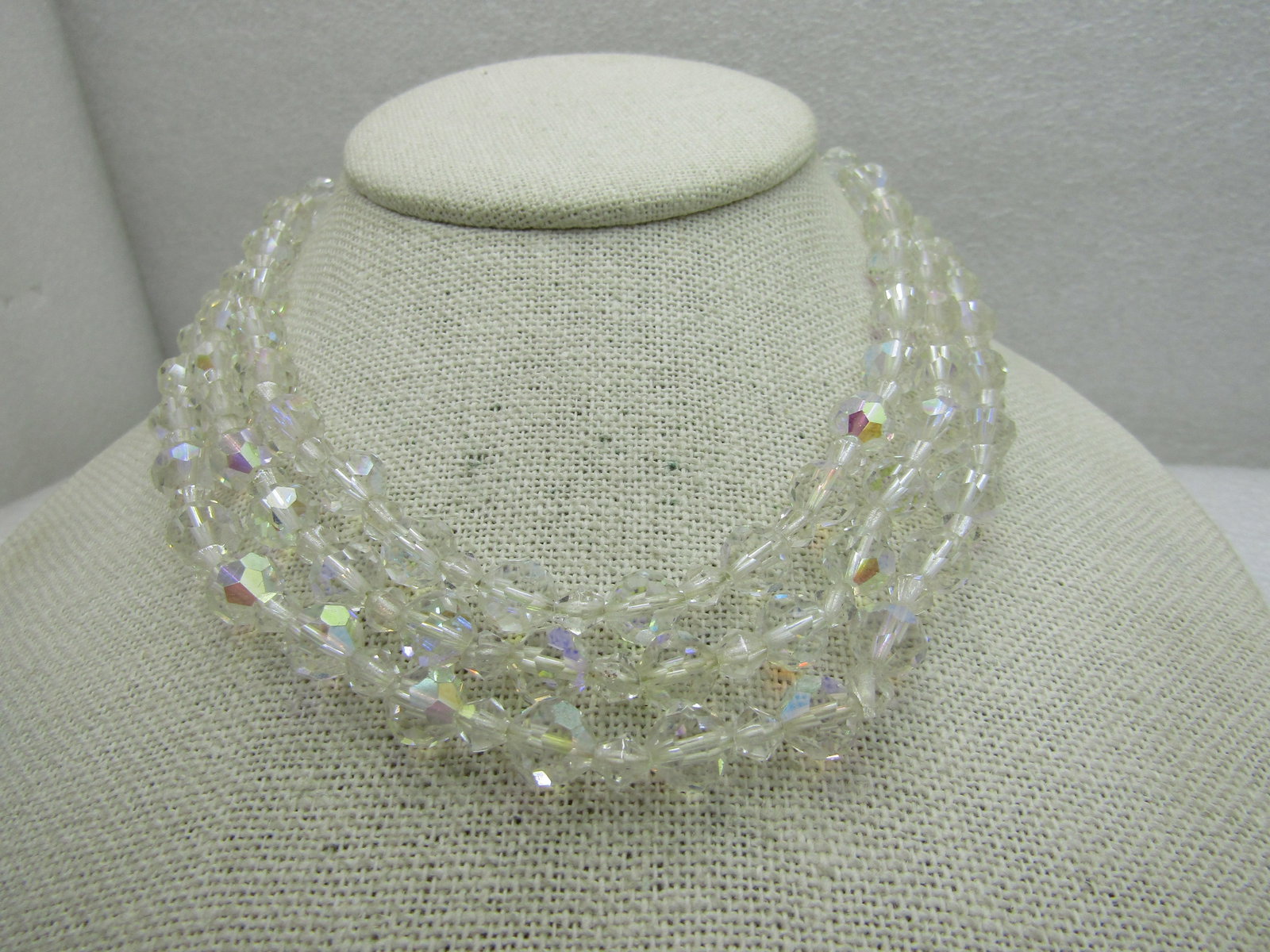 Vintage Triple Strand Aurora Borealis Beaded Necklace, Round Crystal, 16" - 4