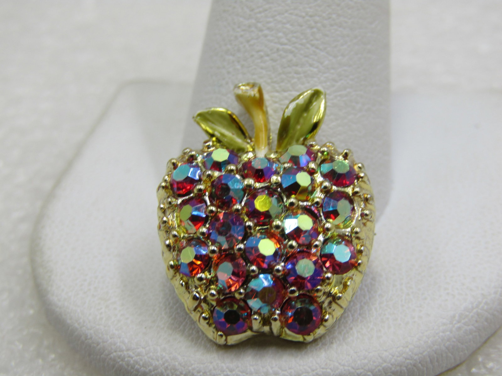 Vintage Red Aurora Borealis Rhinestone Apple Brooch, 1" - 3