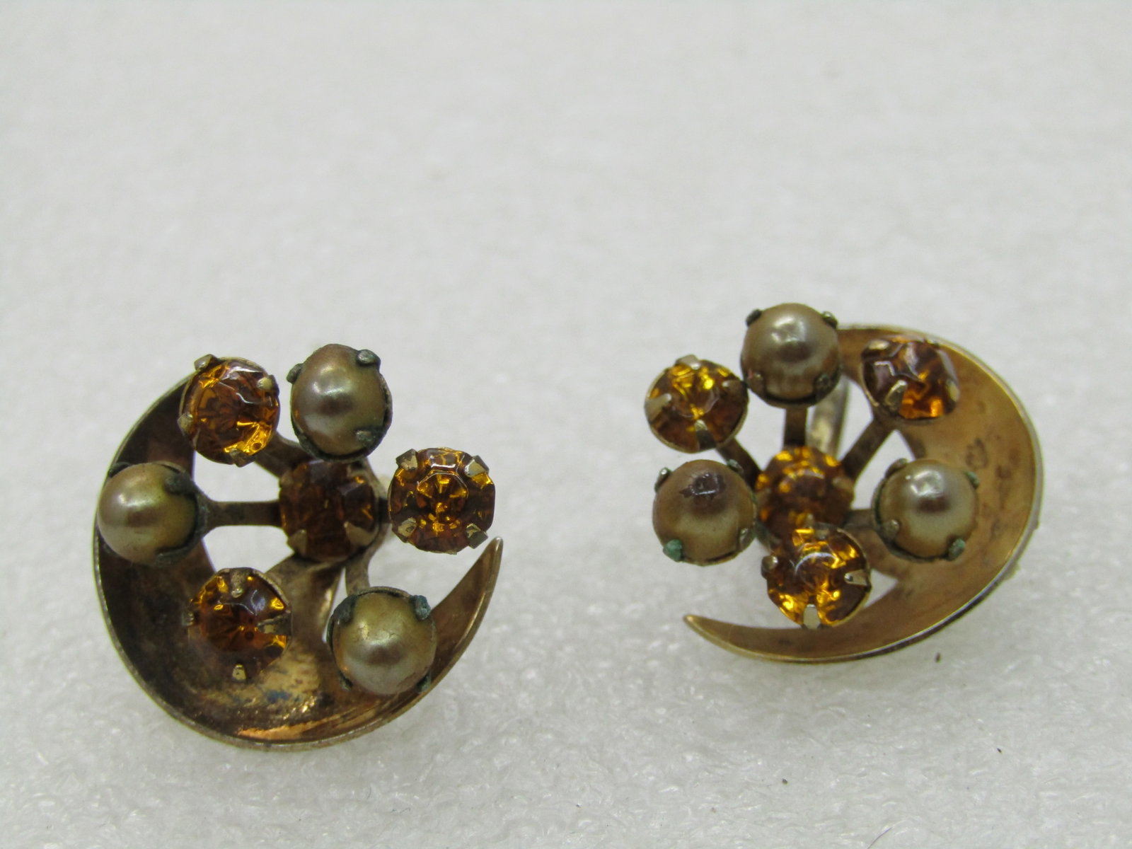 Vintage Sterling Rhinestone Crescent Earrings, Screw Back, 1950's-1960's - 2