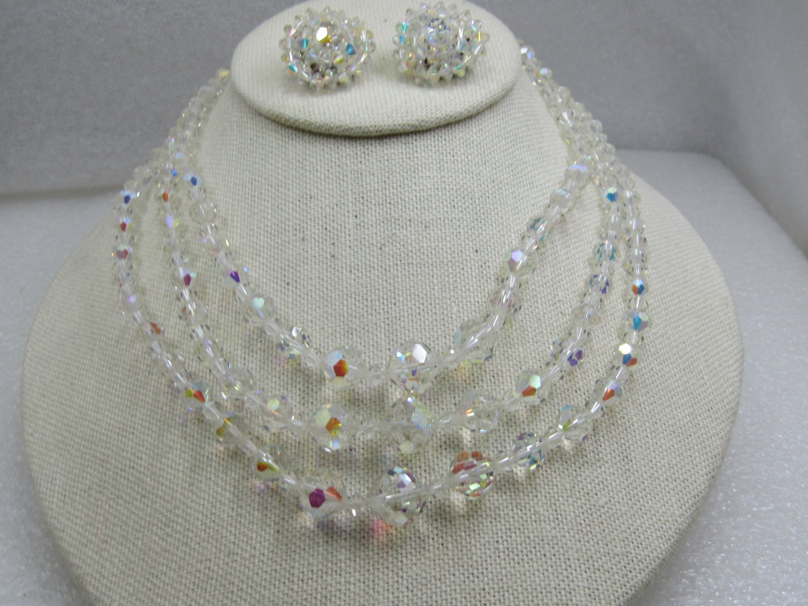 Vintage Crystal Aurora Borealis Beaded Necklace and Clip Earrings Set, 16" - 2