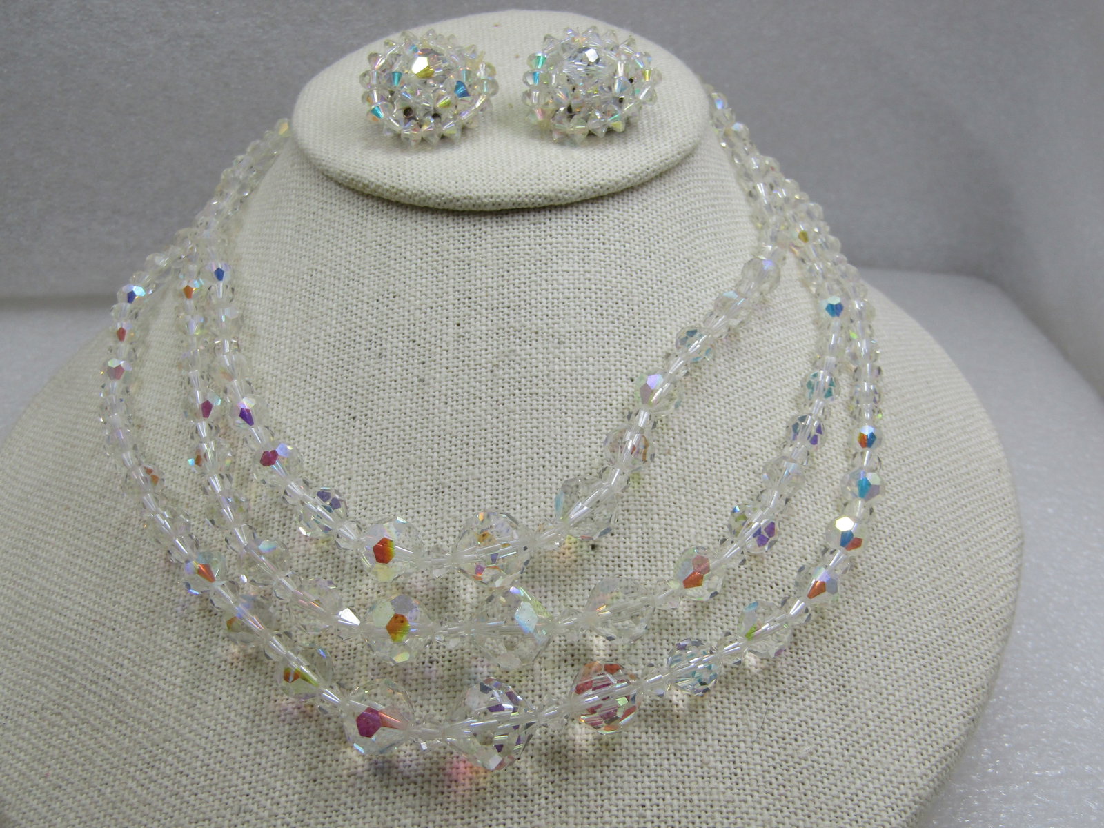Vintage Crystal Aurora Borealis Beaded Necklace and Clip Earrings Set, 16" - 3