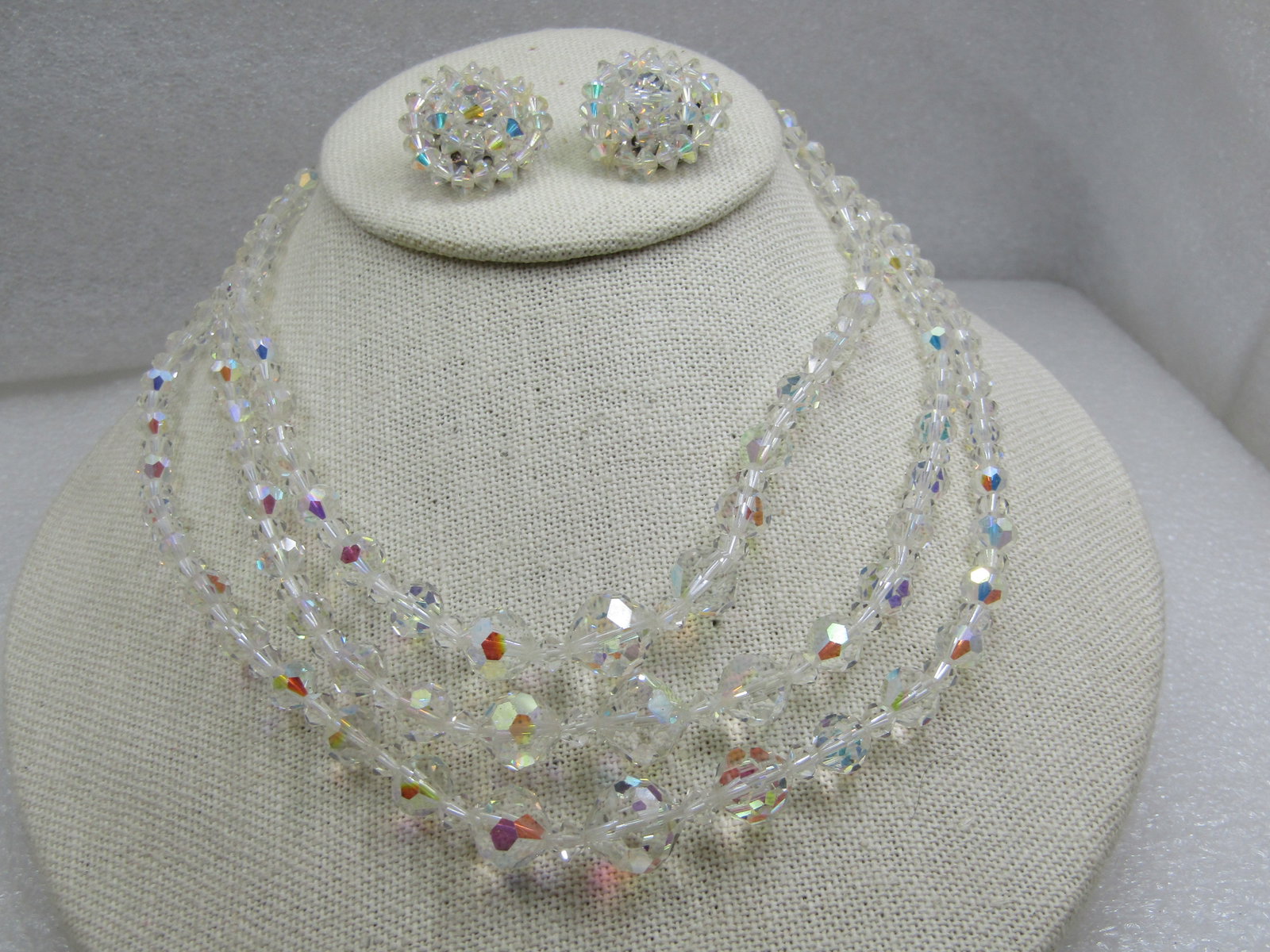 Vintage Crystal Aurora Borealis Beaded Necklace and Clip Earrings Set, 16" - 4