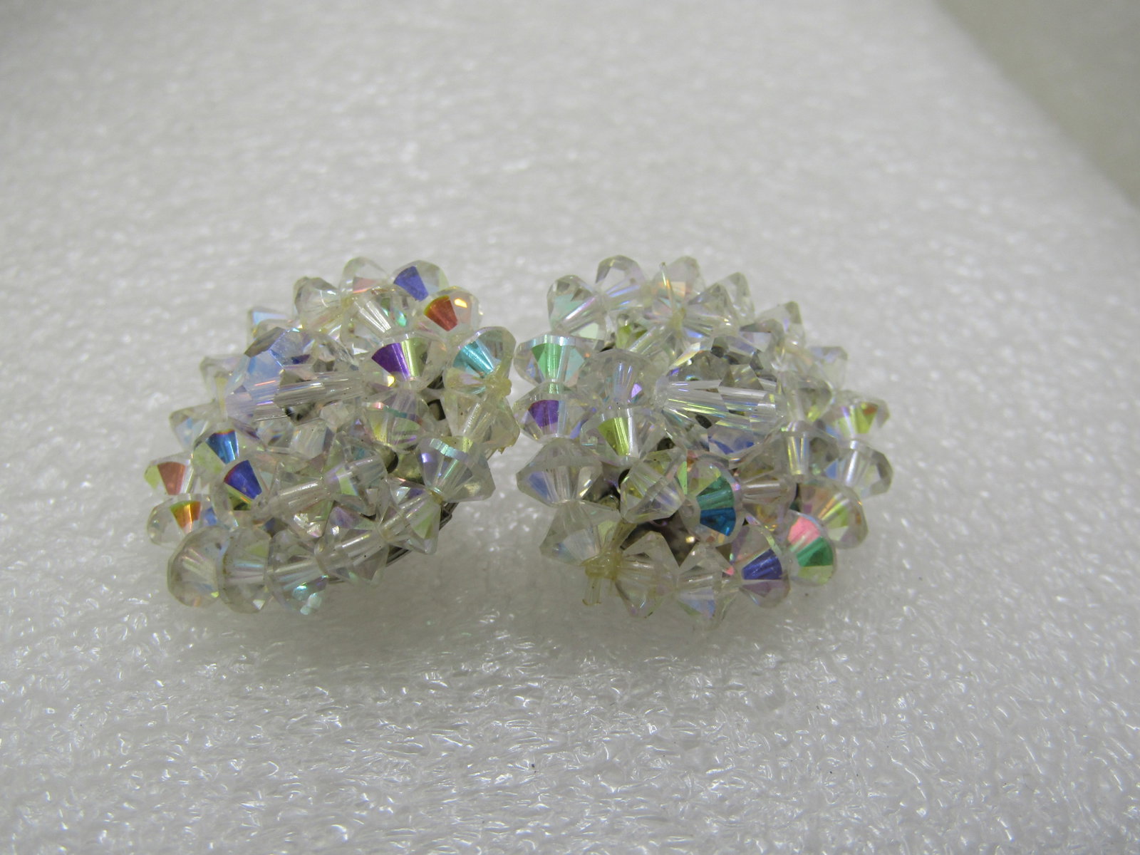 Vintage Crystal Aurora Borealis Beaded Necklace and Clip Earrings Set, 16" - 5