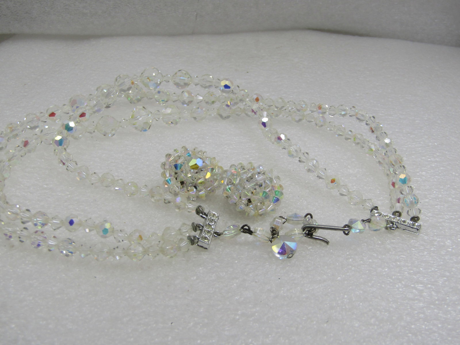 Vintage Crystal Aurora Borealis Beaded Necklace and Clip Earrings Set, 16" - 7