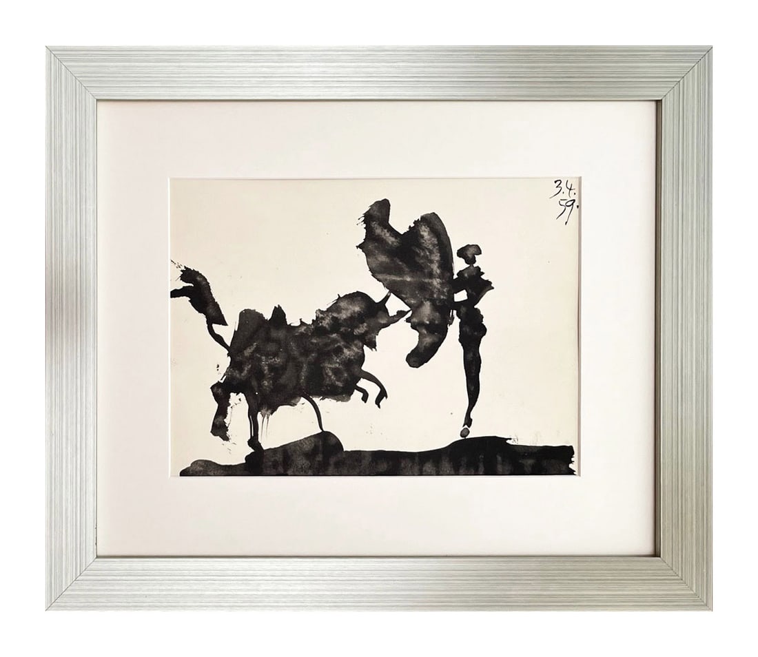 Pablo Picasso Toros y Toreros dated 3-4-59 framed: Title: Pablo Picasso Toros y Toreros dated 3-4-59 framed Description: Artist: Pablo Picasso \nCountry: Spain \nTitle: Toros y Toreros dated 3-4-59 \nMedium: Bichromie \nMarks: Not signed, not numbered