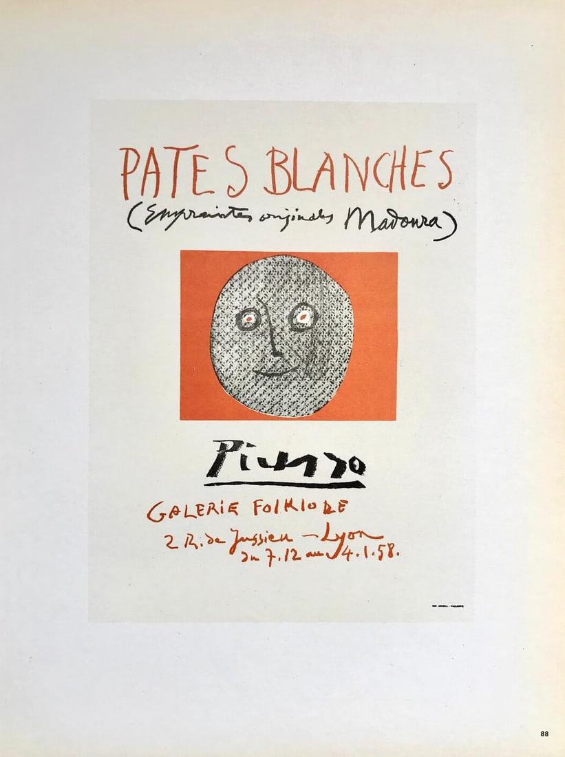 Picasso Lithograph 88 Pates Blanches Art in posters: Title: Picasso Lithograph 88 Pates Blanches Art in posters Description: Title: Pates Blanches \nArtist: Pablo Picasso \nCountry: Spain \nMedium: Lithograph- 88 \nPaper size: 12.50 X 9.50 inch \nPrinte