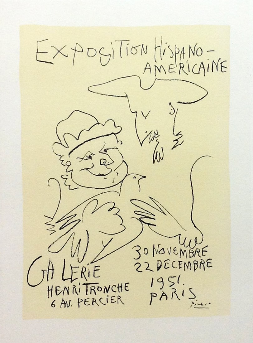 Picasso Lithograph 63 Exposition Art in posters: Title: Picasso Lithograph 63 Exposition Art in posters Description: Title: Exposition Hispano Americaine \nArtist: Pablo Picasso \nCountry: Spain \nMedium: Lithograph - 63 \nPaper size: 12.50 X 9.50 i