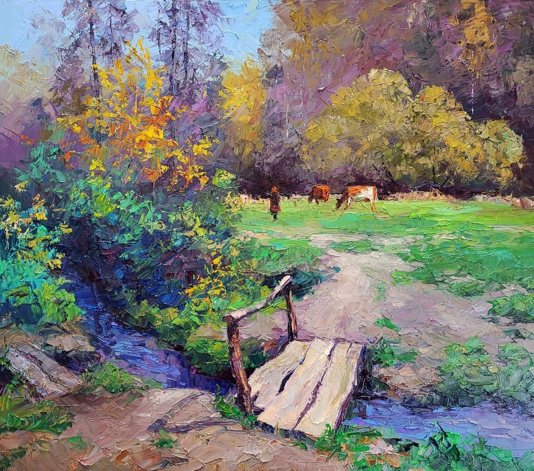Oil painting In the Pasture Before the Forest Boris Serdyuk: NoSERB 1281Oil painting Oil painting In the Pasture Before the Forest Boris Serdyuk captures the vitality and warmth of a rural landscape through expressive technique and masterful color harmony. The 