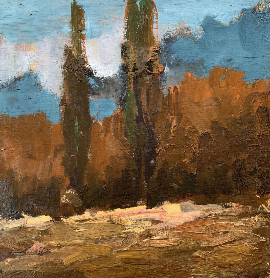Oil painting Autumn dense forest Leonid Maistrenko: NoAAA3561The painting "Autumn Dense Forest", created with oil on plywood, captures the serene yet vibrant essence of an autumnal landscape. The artist uses a rich palette of earthy tones-golden