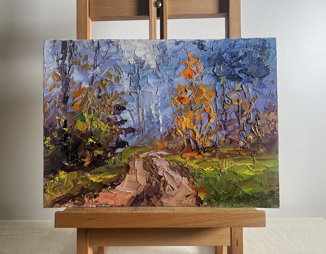 Oil painting Road to the autumn forest Boris Serdyuk: NoAAA3721This oil painting on cardboard, titled "Road to the Autumn Forest", captures the fleeting beauty of the fall season through bold, expressive brushstrokes and a rich, dynamic color palette. Th