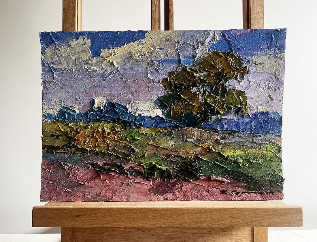 Oil painting September day in the field Boris Serdyuk: NoAAA3742The oil painting on cardboard, titled "September Day in the Field", captures the quiet beauty of early autumn with expressive brushstrokes and a rich, textured surface. The composition is sim