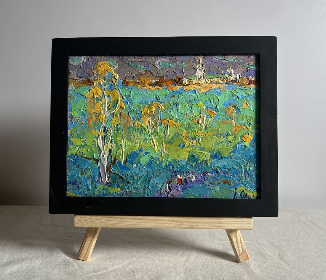 Oil painting Early autumn has come Oksana Kalenyuk: NoAAA3846This oil painting cardboard, titled "Early autumn has come", the artist skillfully employs an impasto technique, using thick, expressive strokes of the palette knife to create a rich and
