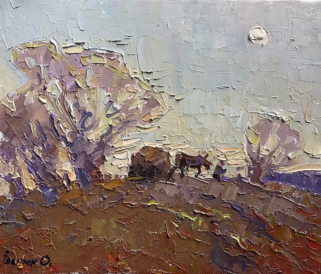 Oil painting Morning road Kalenyuk Alex: NoKalen 1027 The oil painting depicts a serene rural scene on an autumn morning. The painting's central focus is a man walking in front of a horse and cart carrying hay, which is positioned slightly