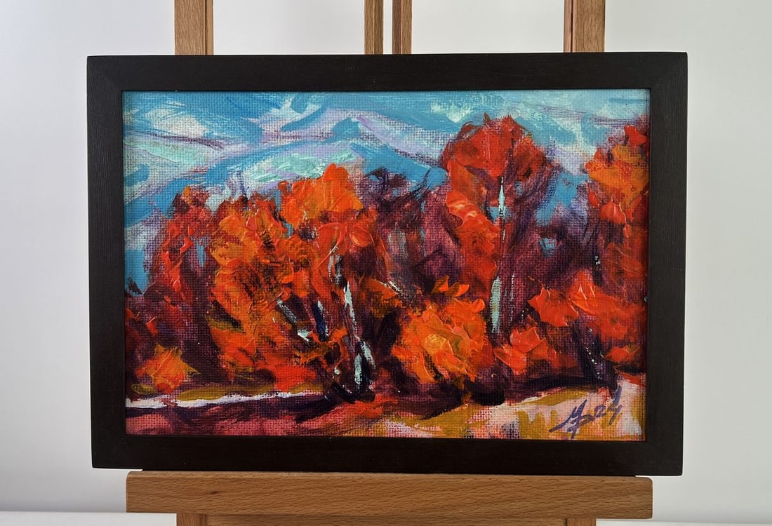 Acrylic painting Red autumn trees Mykhailo Patskan: NoAAA4943The acrylic painting on cardboard titled "Red Autumn Trees" bursts with intensity and color, capturing the fiery heart of the fall season. This expressive landscape immerses the viewer in a