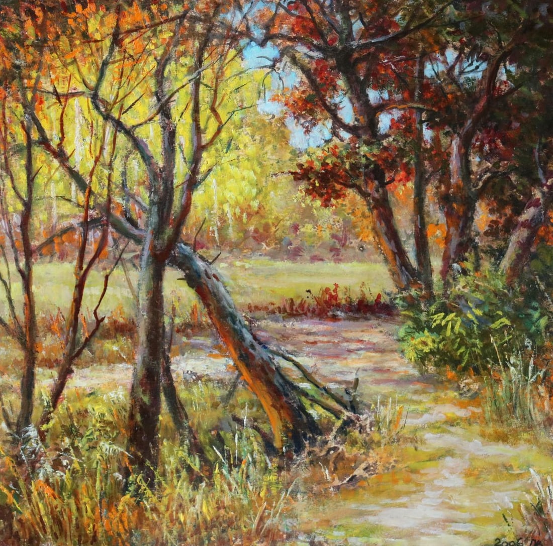 Oil painting Autumn Vitaly Duhnevich: NoDuhn 3In "Autumn", Vitaly Duhnevich captures the golden stillness of a forest caught in the glow of seasonal change. The painting invites viewers down a sun-dappled path, flanked by trees ablaze