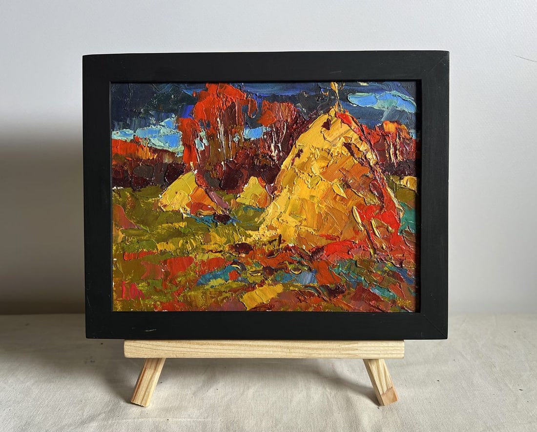 Oil painting Autumn fields and haystacks Alex Kalenyuk: NoAAA3965This oil painting cardboard, titled "Autumn fields and haystacks", the artist employs a thick impasto technique, layering bold strokes of paint to create texture and movement. The
