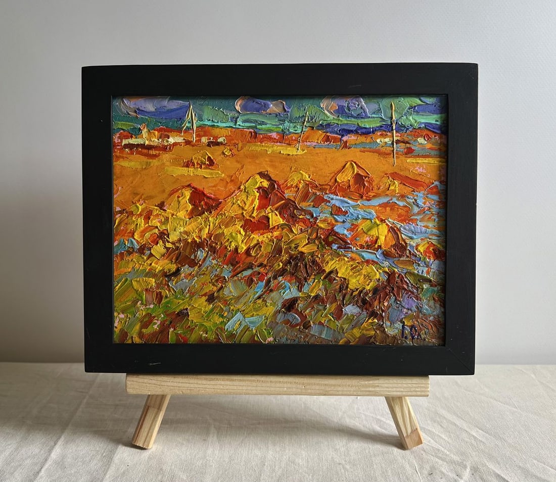 Oil painting Hay harvest in autumn Alex Kalenyuk: NoAAA4000This oil painting cardboard, titled "Hay harvest in autumn", the artist employs a thick impasto technique, layering bold strokes of paint to create depth, movement, and texture, immersing