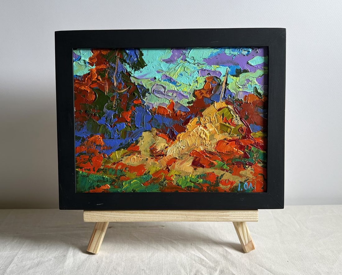 Oil painting Golden haystacks Alex Kalenyuk: NoAAA4034This oil painting cardboard, titled "Golden haystacks", the artist employs a bold, impressionistic technique, using thick, expressive brushstrokes that create a rich texture, bringing depth