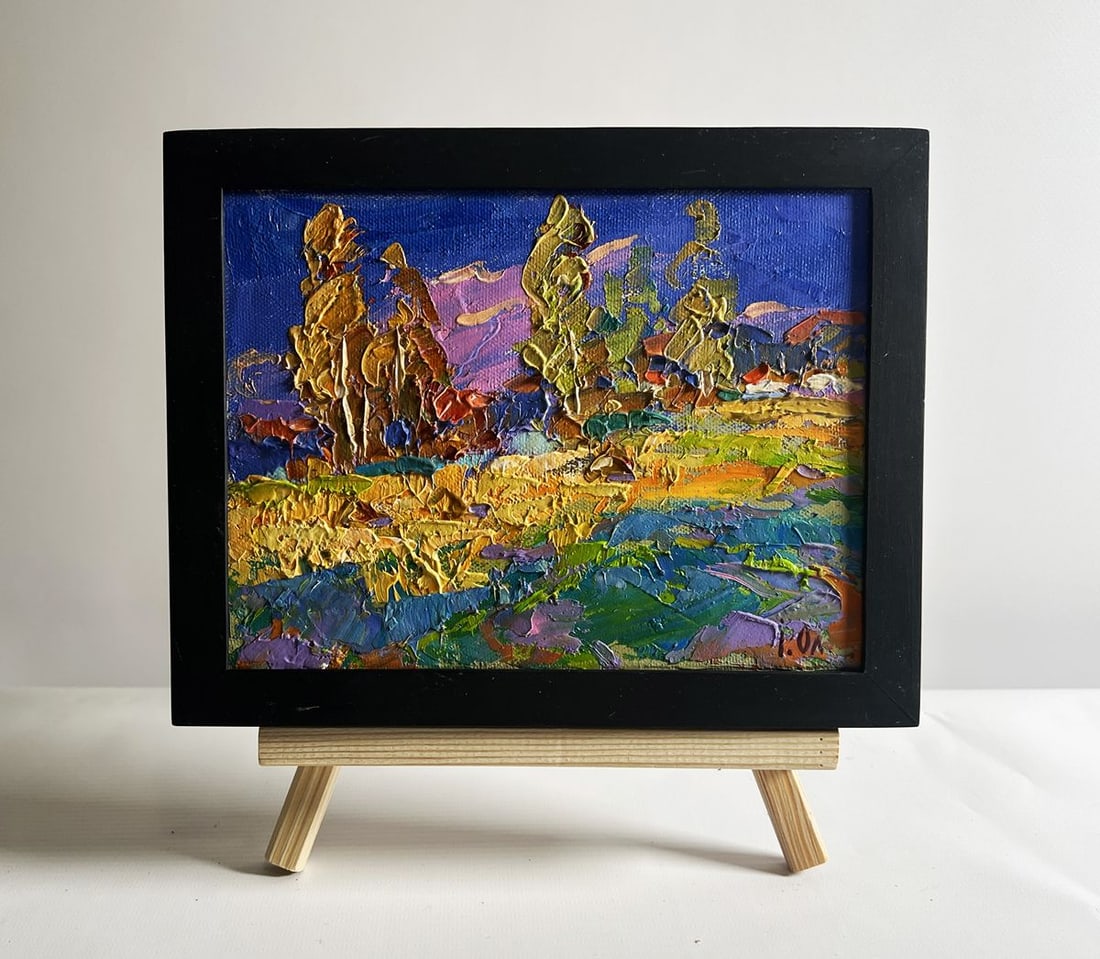 Oil painting Blue sky over the fields Oksana Kalenyuk: NoAAA4117This oil painting canvas, titled "Blue sky over the fields", the composition is filled with vibrant colors and dynamic brushstrokes, creating a textured and expressive scene. In the foregroun