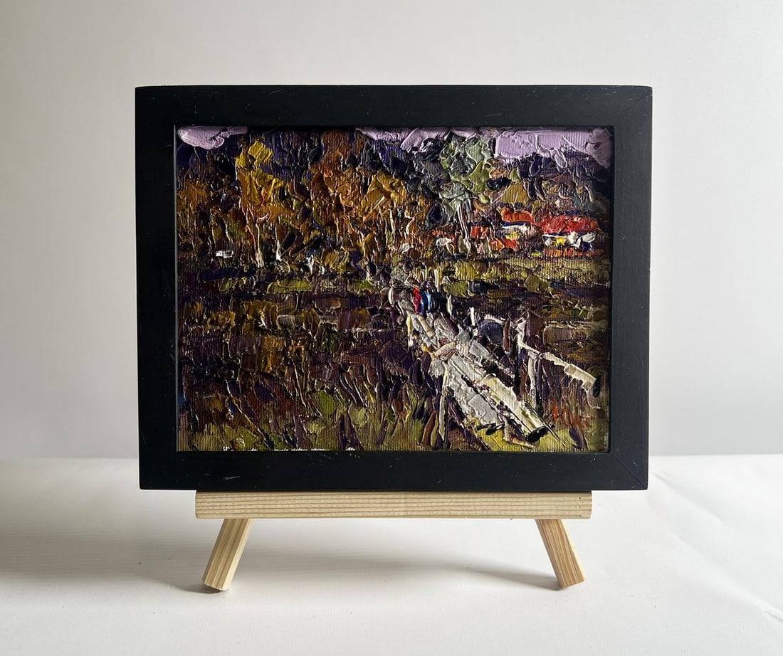 Oil painting To the other side of the river Oksana Kalenyuk: NoAAA4119This oil painting canvas, titled "To the other side of the river", this oil painting on canvas captures a tranquil rural scene where a group of villagers crosses a rustic wooden bridge over a