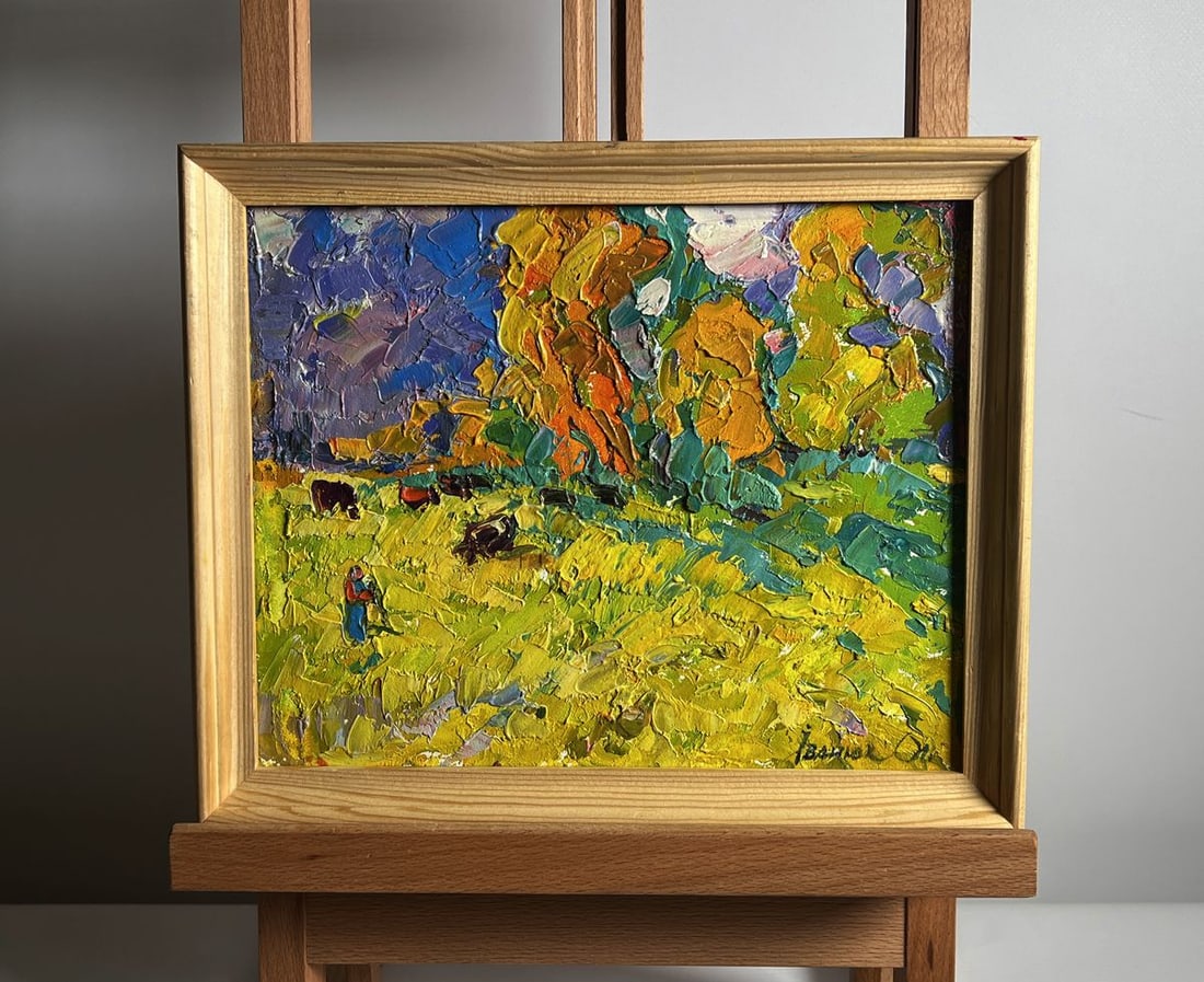 Oil painting In the autumn meadows with a breeze Alex Kalenyuk: NoAAA4131This oil painting canvas on cardboard, titled "In the autumn meadows with a breeze", the scene is filled with vibrant colors, reflecting the beauty of the changing seasons. In the foreground,