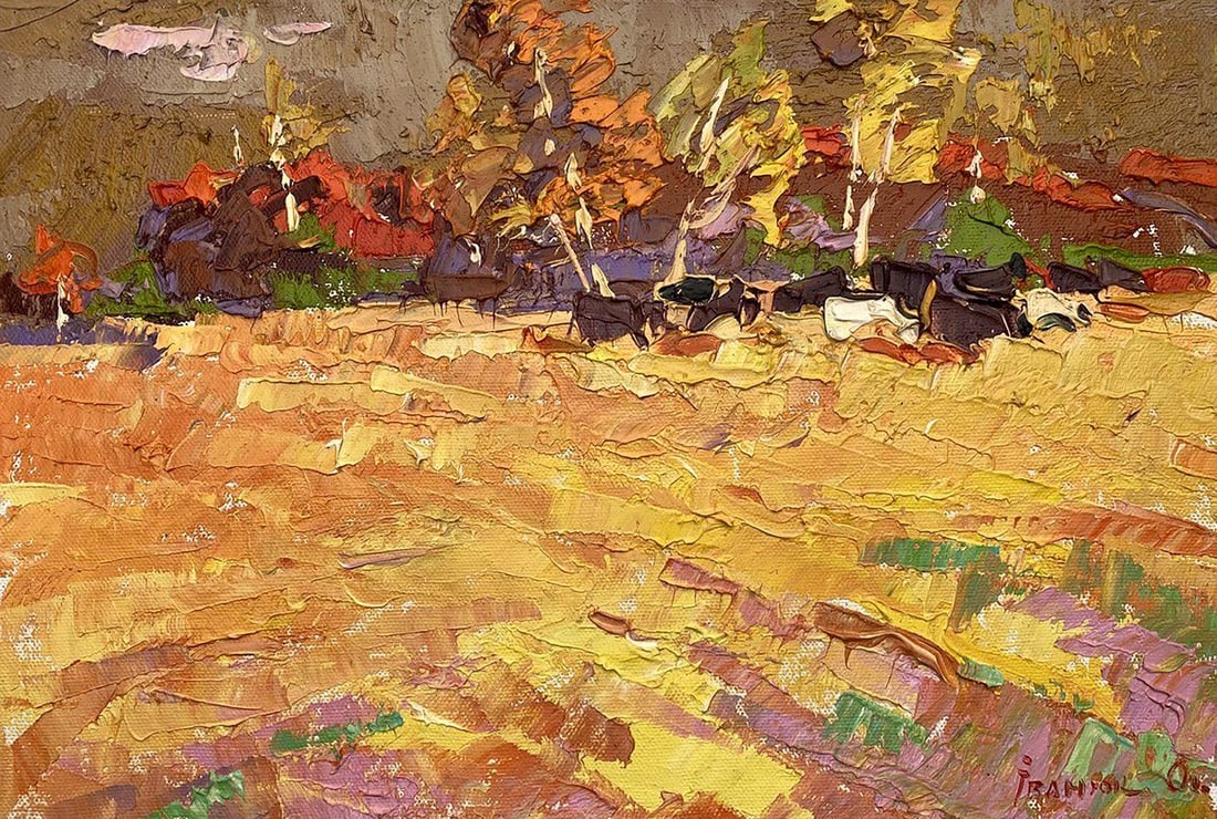 Oil painting Fields of gold Kalenyuk Alex: NoKalen 1185"Fields of Gold" is a mesmerizing oil painting that encapsulates the beauty of a sprawling golden landscape under the subtle hints of a setting sun. At first glance, the viewer is