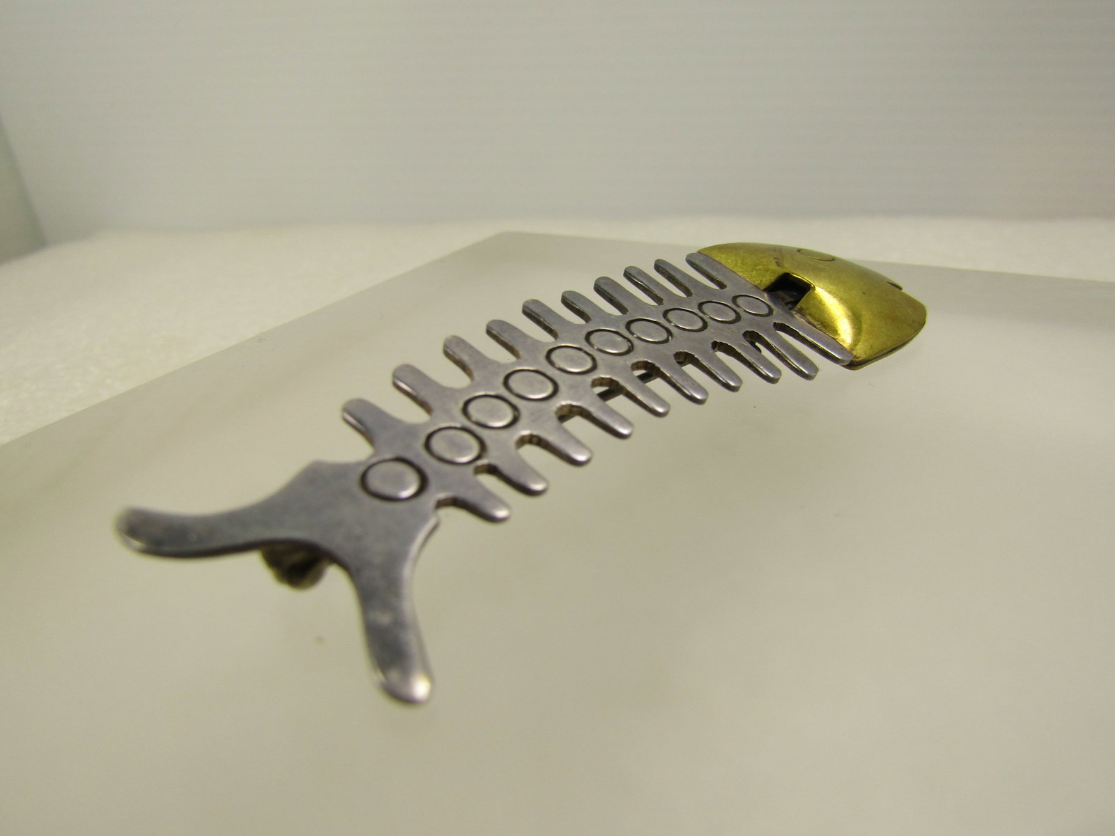 Vintage Sterling and Brass Fish Skeleton Brooch, Mexico, 1960's-1970's, Signed: Vintage Sterling and Brass Fish Skeleton Brooch, Mexico, 1960's-1970's, possibly older. Signed TA-160 and marked Mexico and .925. It tests as .925 with a weight of appx. 9.32 grams. IThat weight inclu