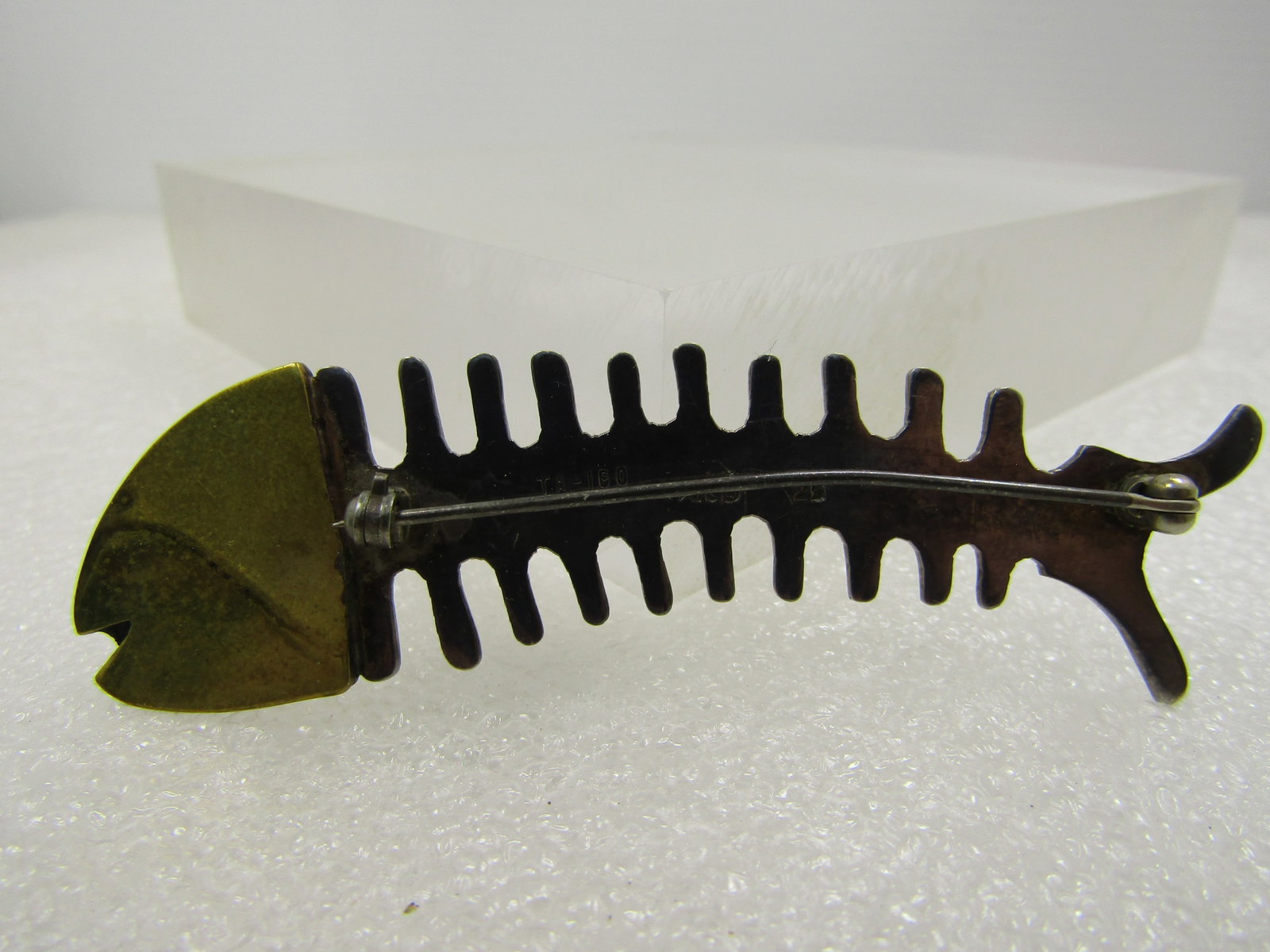 Vintage Sterling and Brass Fish Skeleton Brooch, Mexico, 1960's-1970's, Signed - 3