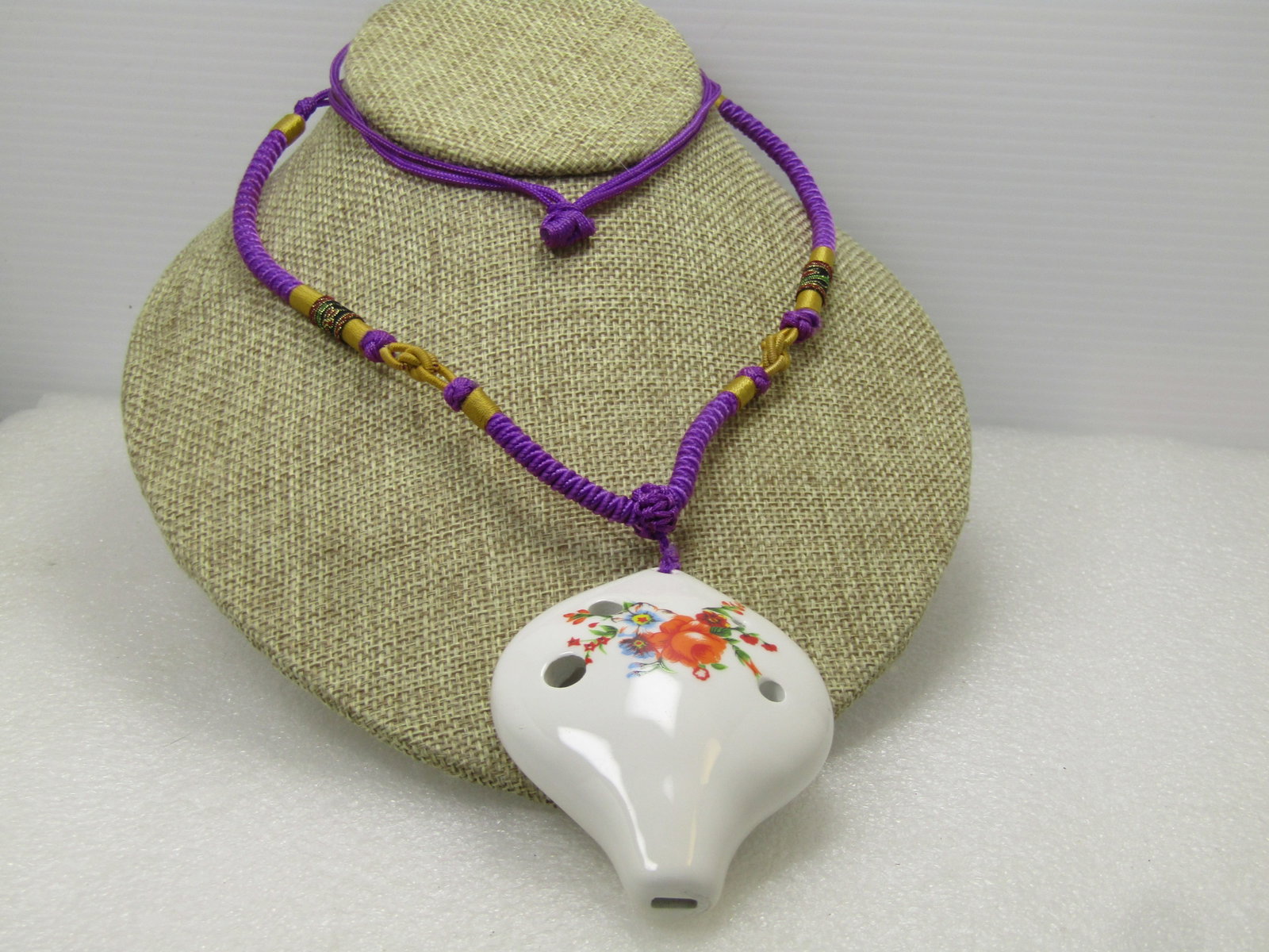 Vintage Handmade Ceramic Ocarina Macrame Necklace, 28", Adjustable Length, 1980's - 2