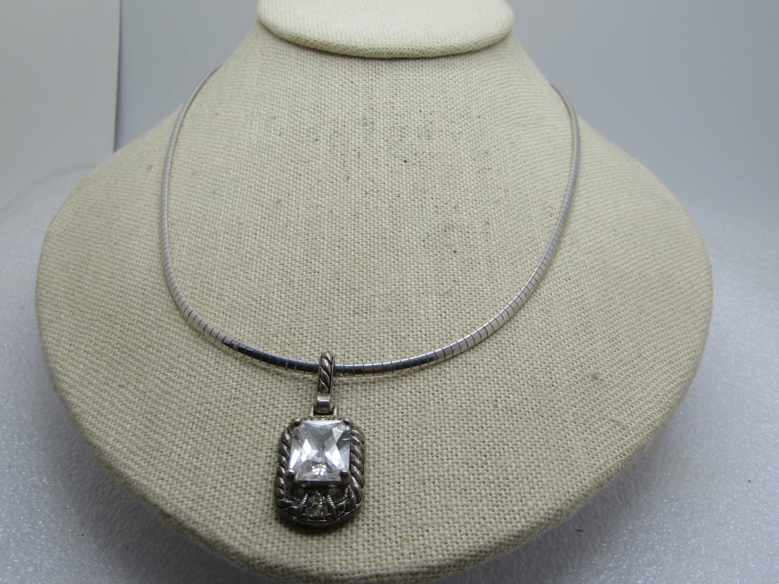 Vintage Sterling Omega Necklace with Clear Rhinestone Slide, 18", 1980's-1990's: Vintage Sterling Omega Necklace with Clear Rhinestone Slide, 18", 1980's-1990's. The necklace has a lobster clasp and is marked .925 and Italy. It is appx. 2.5mm wide. Very clean and in very good cond