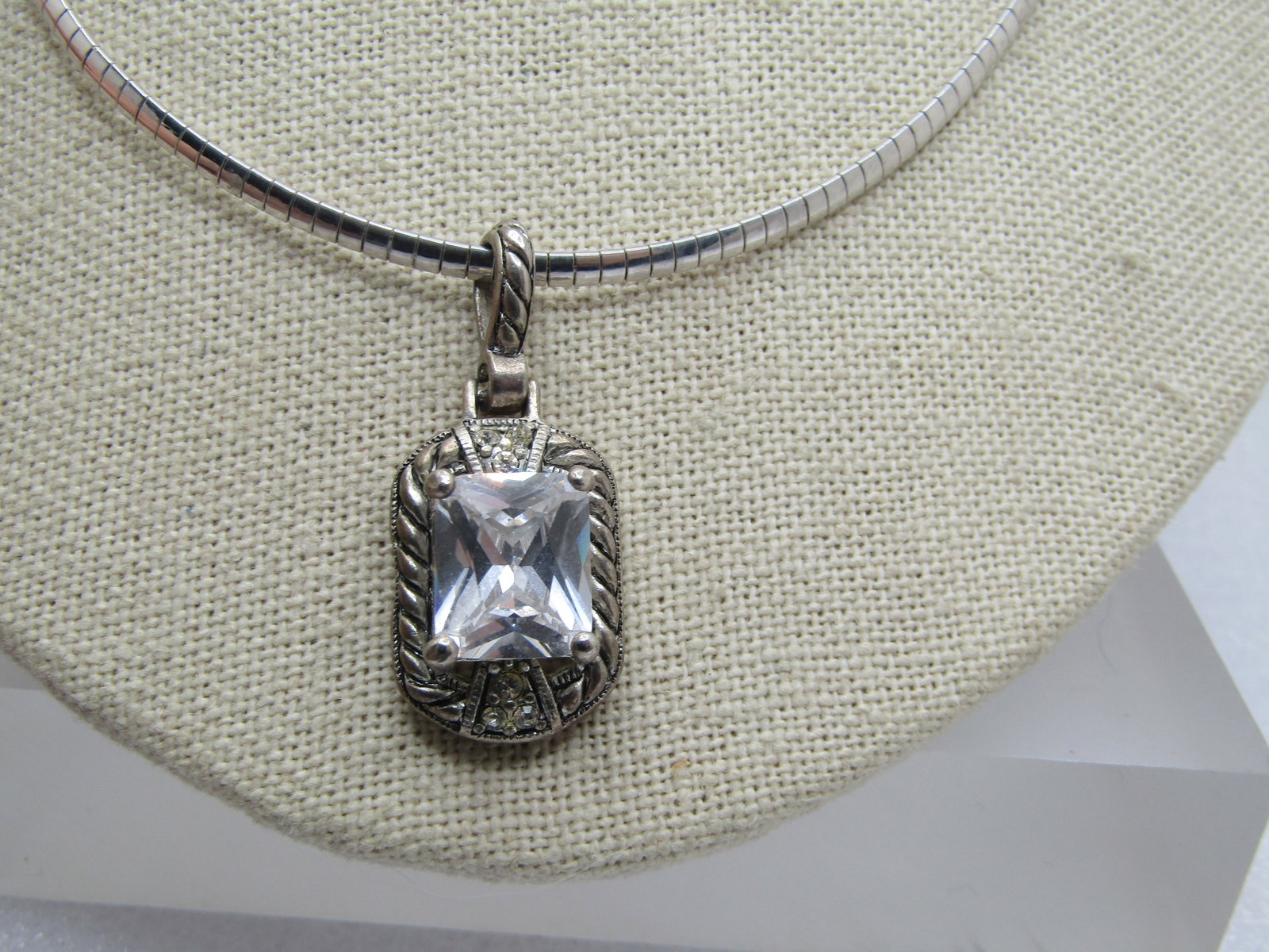 Vintage Sterling Omega Necklace with Clear Rhinestone Slide, 18", 1980's-1990's - 2