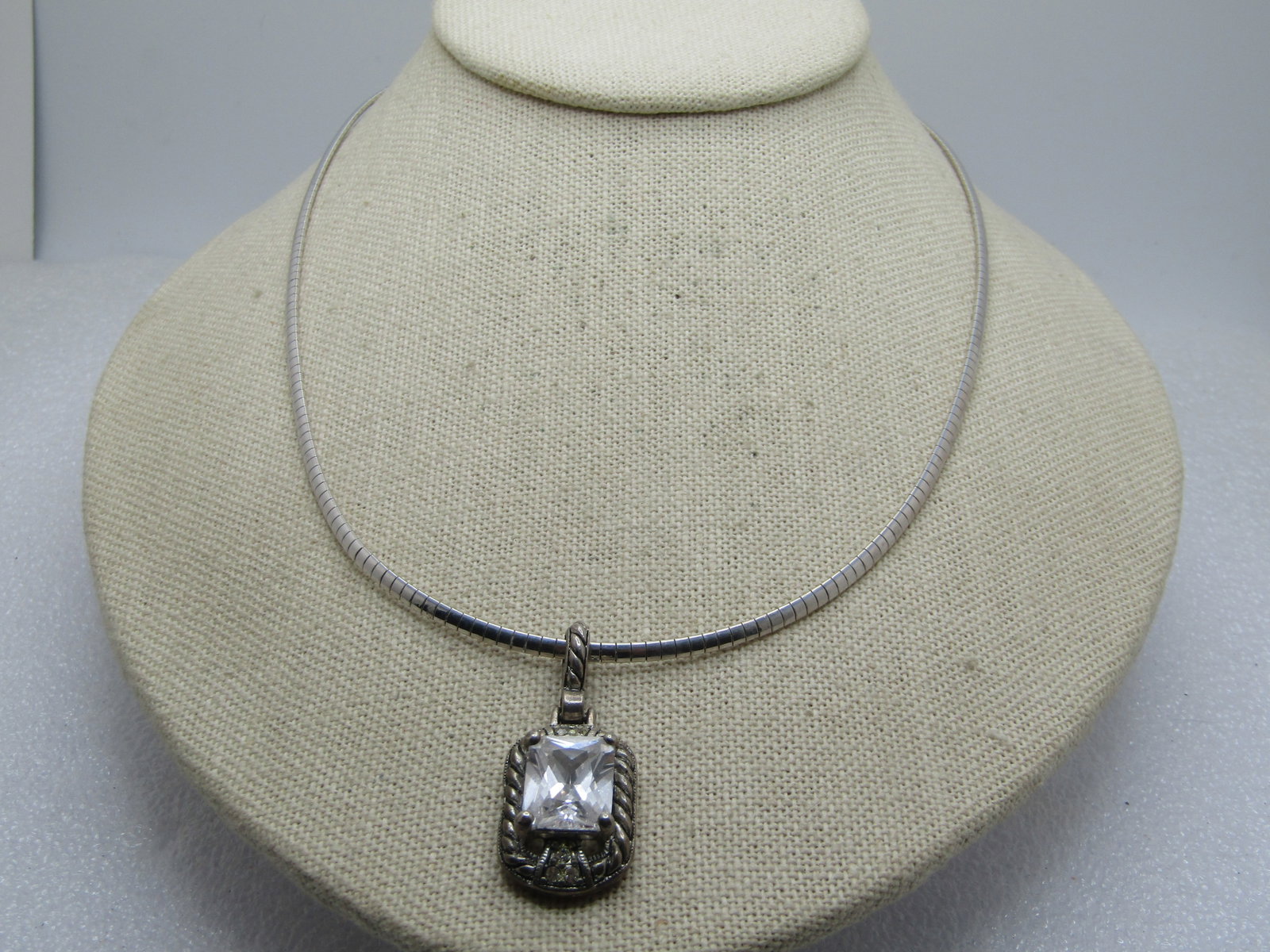 Vintage Sterling Omega Necklace with Clear Rhinestone Slide, 18", 1980's-1990's - 3