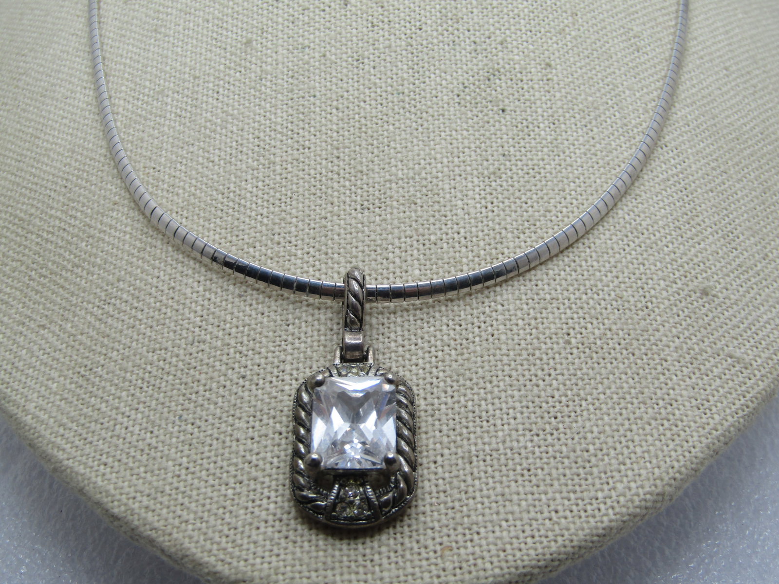 Vintage Sterling Omega Necklace with Clear Rhinestone Slide, 18", 1980's-1990's - 4